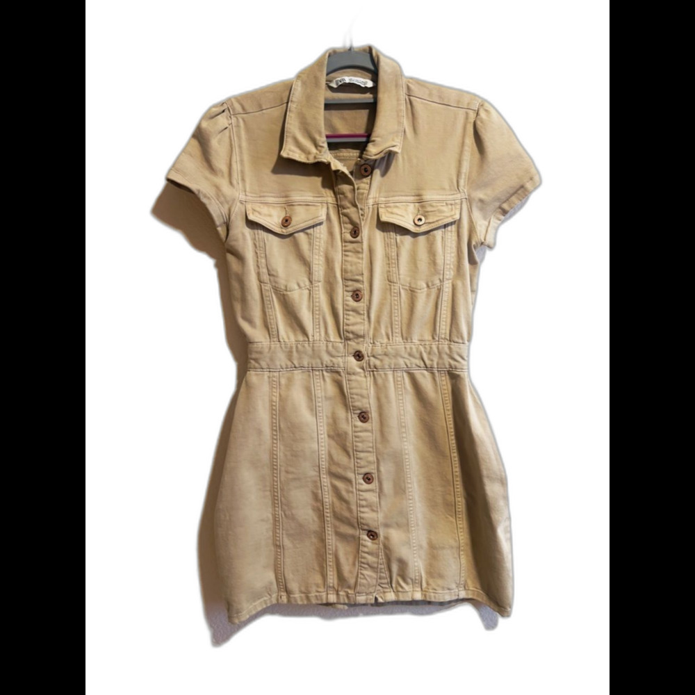 Zara Khaki Button-Front Short Sleeve Shirt Dress